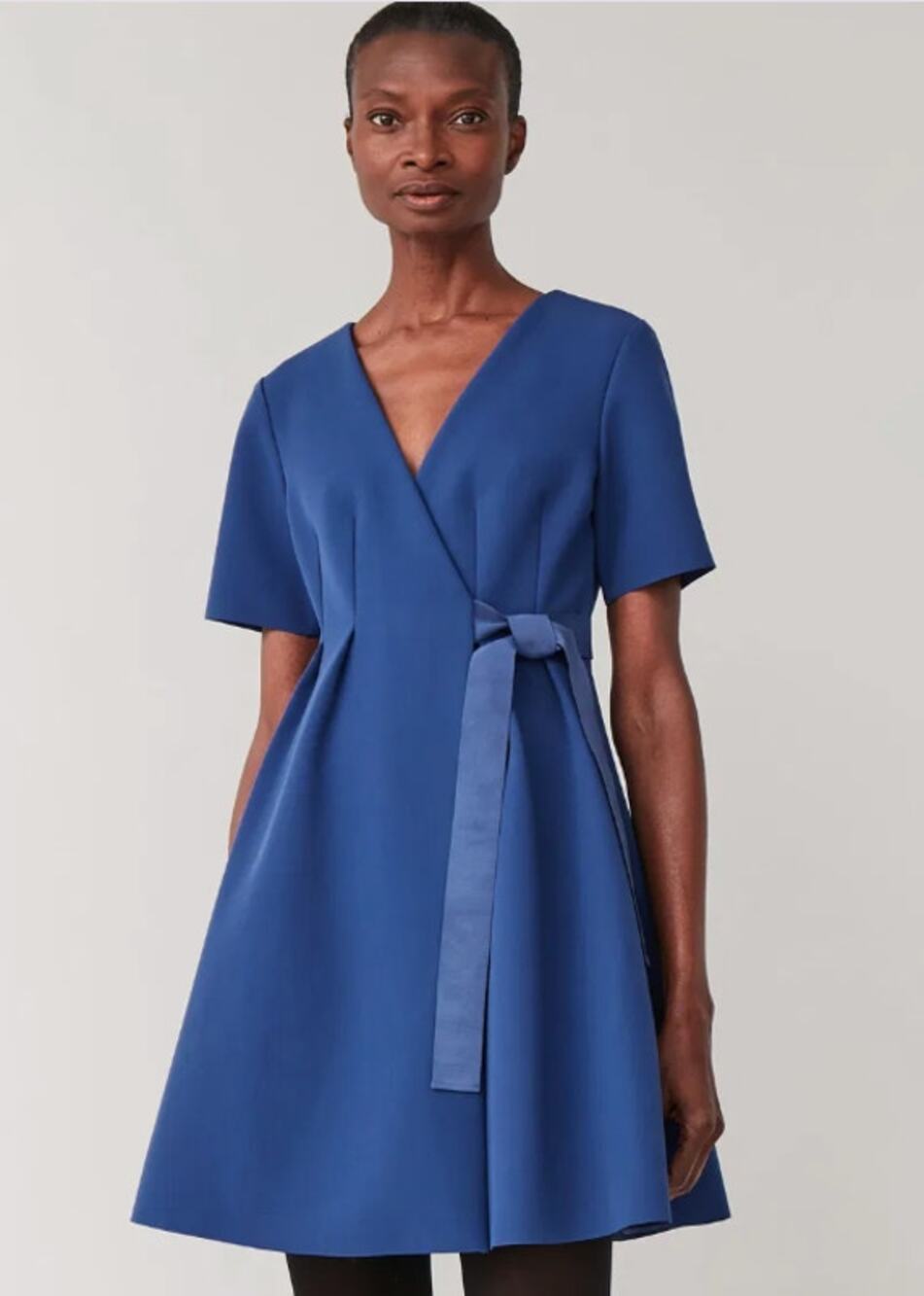 COS Belted Scuba Tie Wrap Short Sleeve V-Neck Mini Dress Blue Size 8